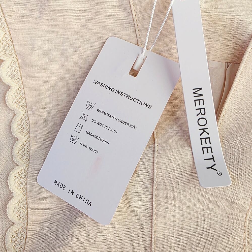 New MEROKEETY Midi Dress Medium Cream Tie Waist Bell Sleeve Cottagecore Milkmaid - Picture 9 of 13